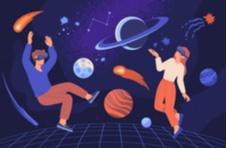 A 2D illustration of a man and a woman wearing VR headsets floating in outer space among planets on a blue background