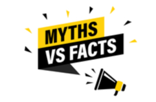 An illustration of a black and yellow megaphone with ‘Myths vs Facts’ in a text bubble on a white background
