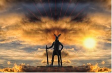 An illustrated silhouette of a statue of the Norse God Odin with a dramatic cloudy sky as the backdrop