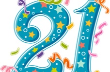 illustration of the number 21 with confetti and streamers