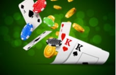 An illustration of a pair of kings surrounded by gold coins, casino chips and three aces on a green background