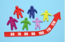 An image of plasticine figures with a red arrow projecting upwards showing ages up to 120 years on a light blue background