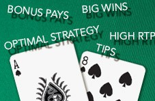 An Ace and an Eight with ‘Tips’, ‘Optimal Strategy’, ‘High RTP’, ‘Big Wins’ and ‘Bonus Pays’ floating around the cards