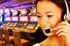 a customer service person superimposed on a picture of casino slot machines