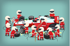 An illustration of a red and white racing car being serviced by pit stop workers and technicians on a turquois background