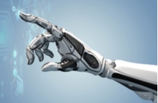 A 3D illustration of a robotic hand with sensitive touch capabilities on a blueish background 