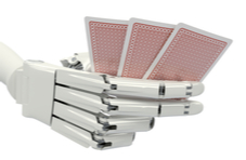 a robot's hand holding three cards playing poker