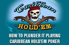 Pirate and guns Caribbean Hold’em logo with ‘How to Plunder It Playing Caribbean Hold’em Poker’ written below the logo