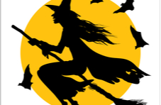 silhouette of a witch flying a broom in front of the moon with bats flying around