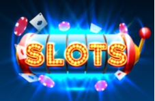 the word SLOTS written on slots reels on a blue background