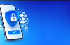 A blue and white graphic of a smartphone featuring a shield and padlock and with apps swirling around