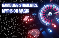 A image featuring mathematical equations, playing cards and a roulette wheel with ‘Gambling Strategies: Myths or Magi