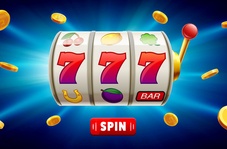 a three reel slot showing 777 with coins flying all around on a blue background