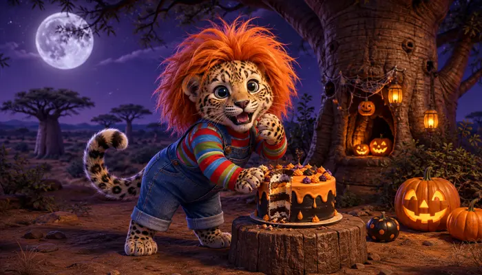 Lulu the leopard cub dressed as Chucky