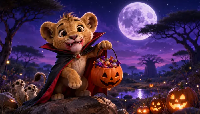 Leo the lion cub dressed as Dracula