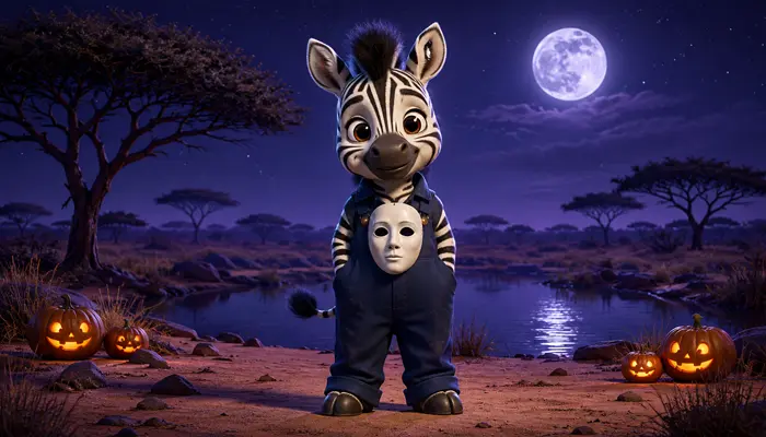 Ziggy the zebra foal dressed as Michael Myers