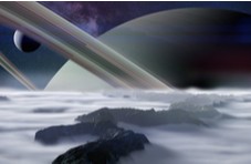 3D illustration of a view of Saturn from one of its moons. Elements of image from NASA