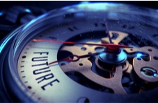 An illustration of a vintage effect pocket watch with the word FUTURE on it on a dark blue background