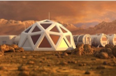 White dome shaped building with reflective triangular windows and white cylindrical storage units on the rocky surface of Mars
