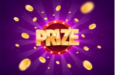 An illustration of the word ‘Prize’ in gold text with gold coins on a purple retro background 