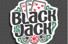 logo of the word Blackjack with cards and chips showing